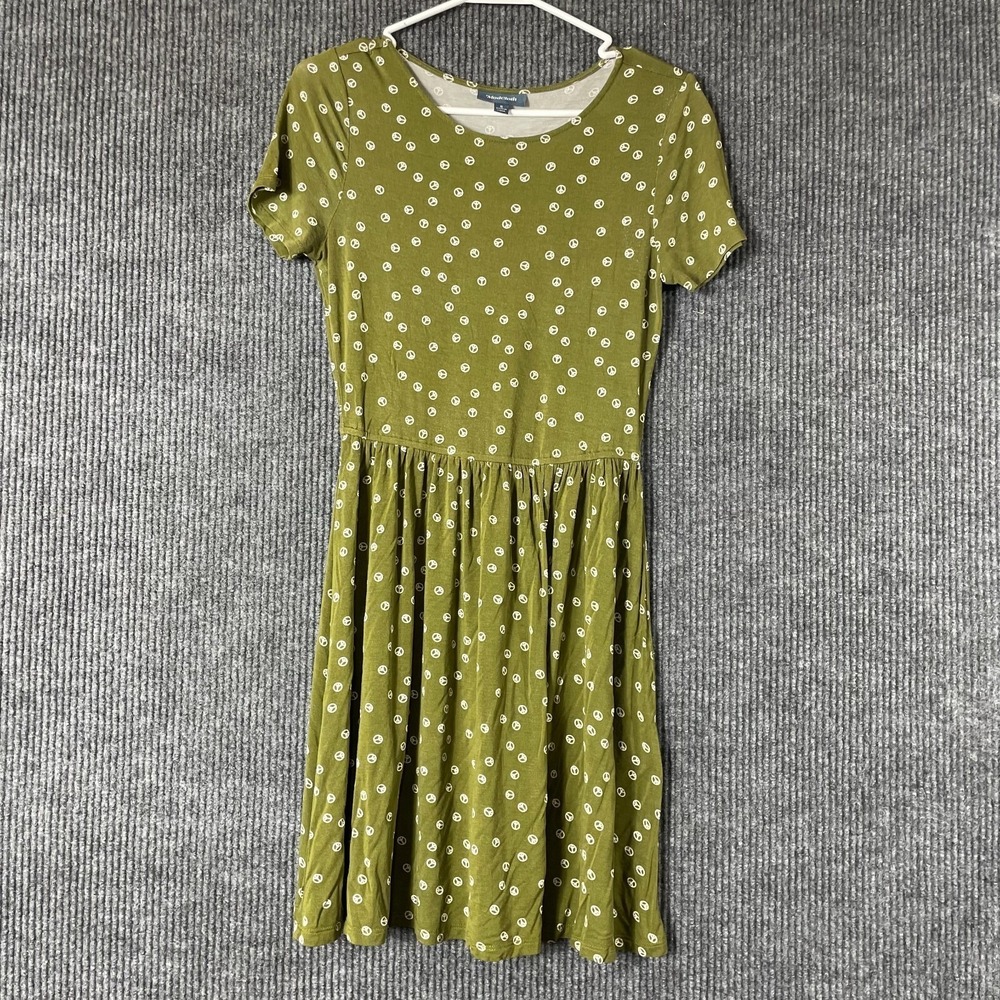 Modcloth Dress Womens Small Green Short Sleeve Peace Signs Hippie Lightweight